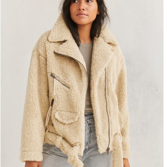 Free People So Cozy Slouchy Moto Faux Fur Jacket in Marzipan - Picture 1 of 8